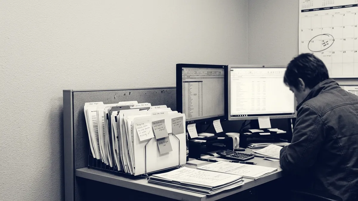 A bookkeeper at a desk with two monitors and a rack of client files awaiting documents