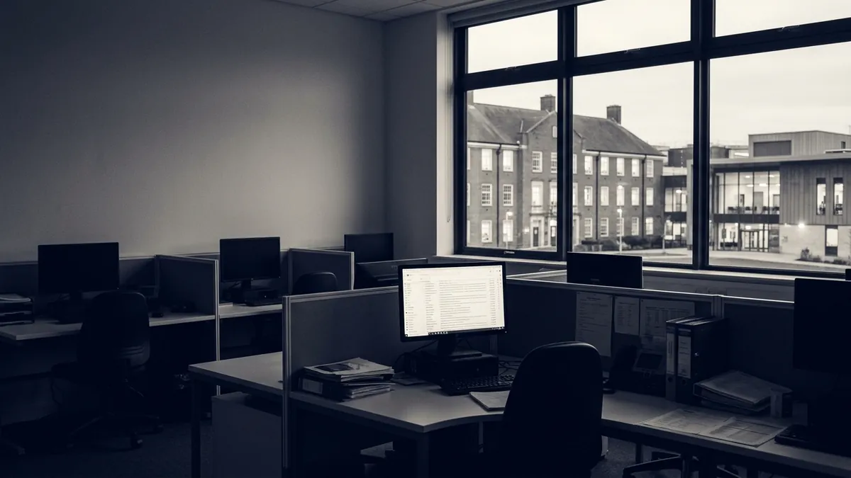 An empty admissions office at night with one monitor showing a full enquiry inbox