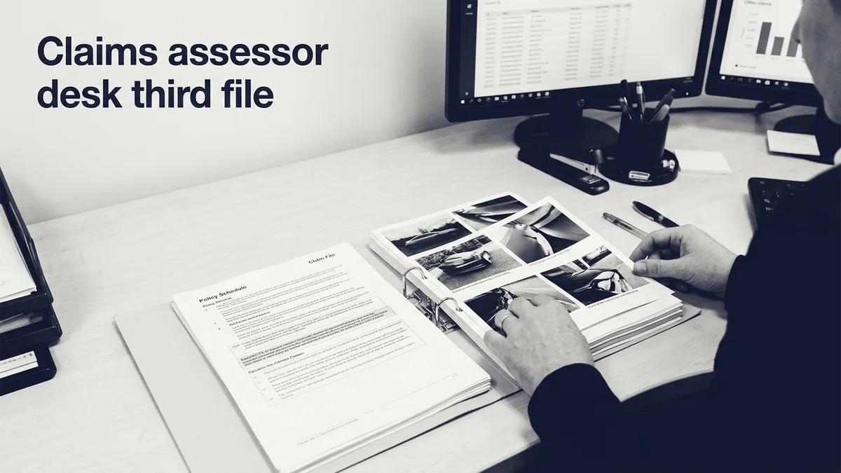 A claims handler comparing a policy schedule against photographs in a claim file