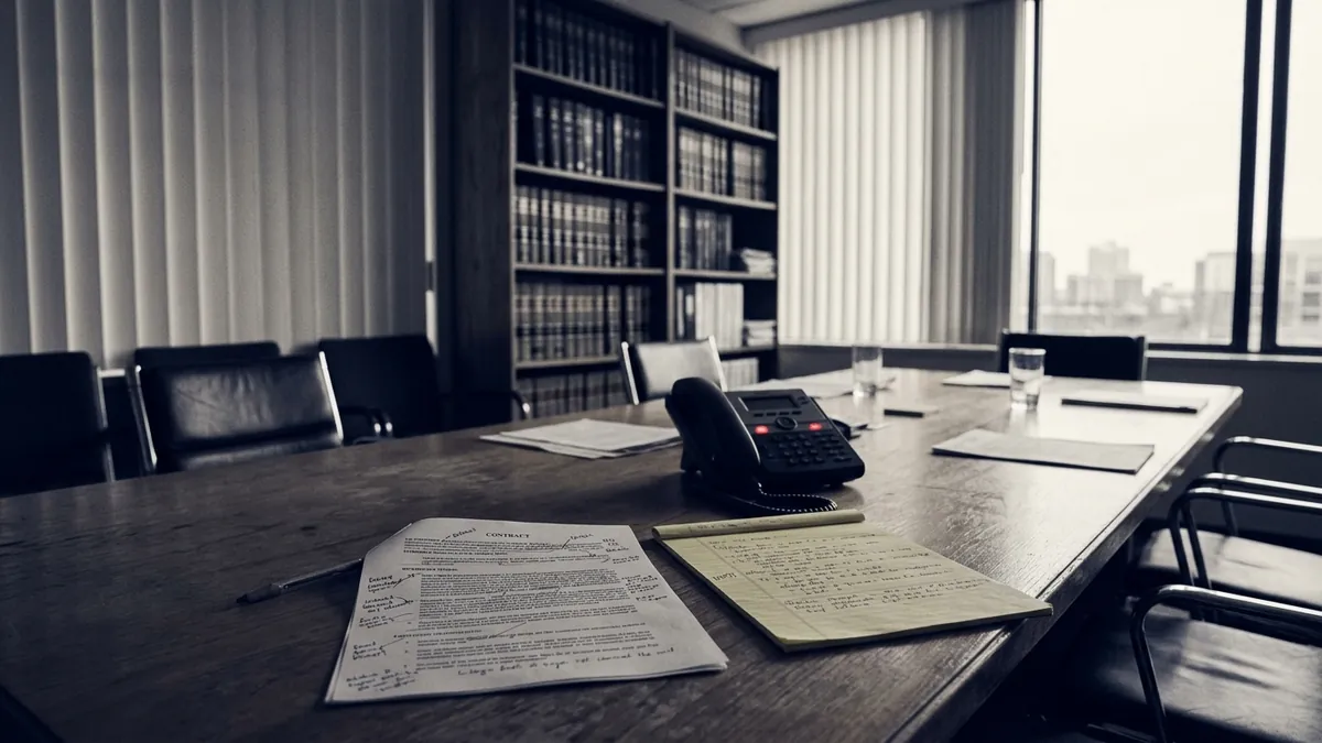 A firm boardroom with a marked-up contract, legal pad and conference phone