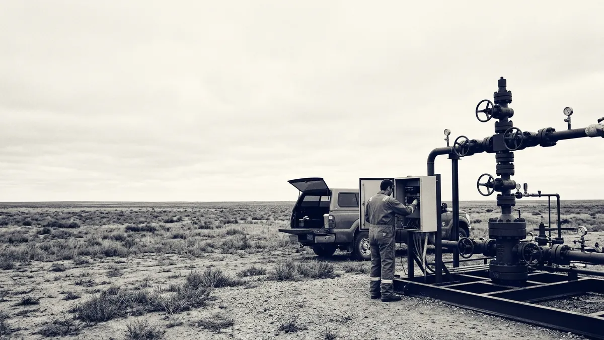 A field operator at a wellhead control panel with a utility vehicle behind