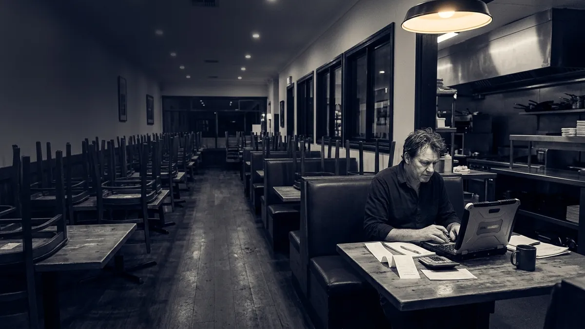 An owner reconciling the day’s takings on a laptop in a closed restaurant