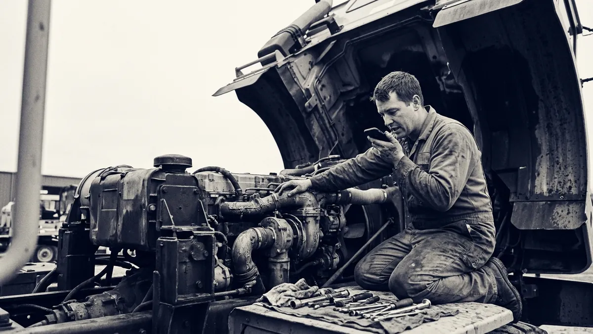 A technician dictating into a phone while working on a truck engine