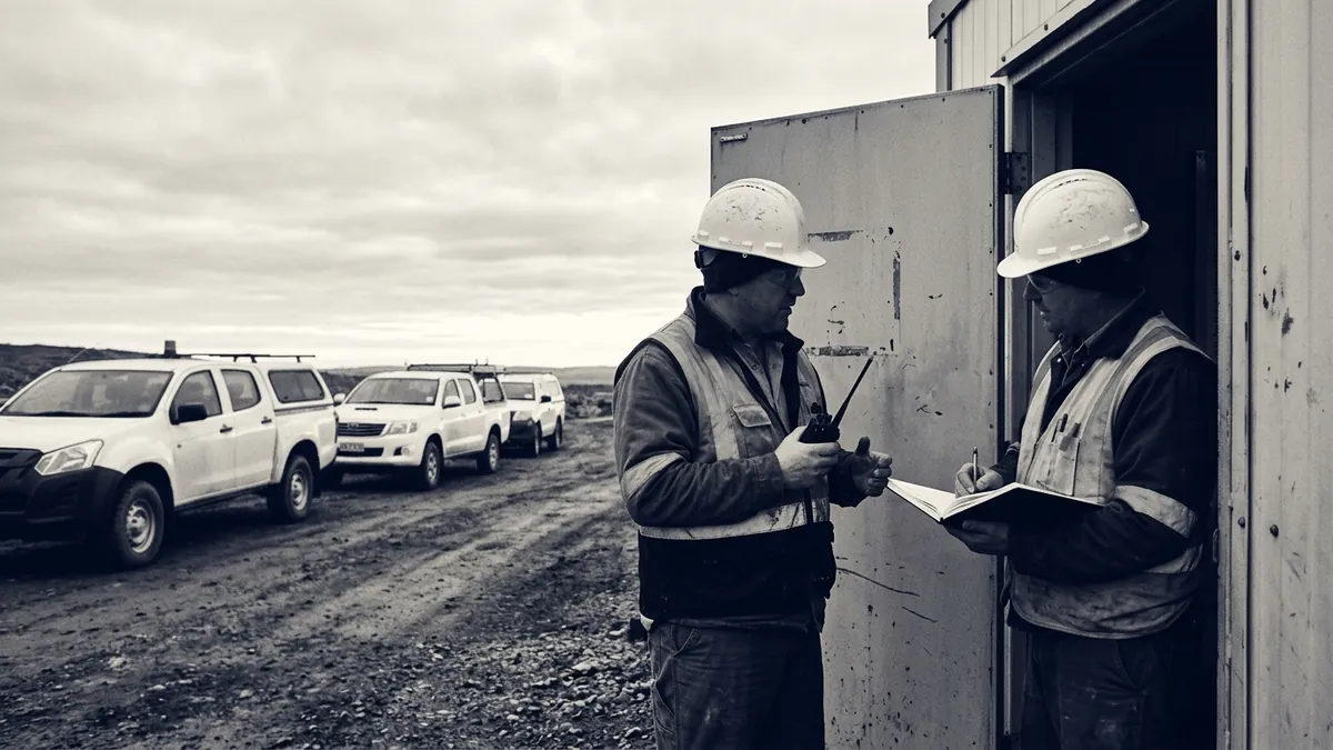 Two mine supervisors handing over at a site office door, one on a radio, the other writing in a notebook
